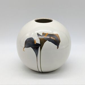Otagiri White Glossy Ceramic Sphere Vase with Black and Gold Calla Lily Design
